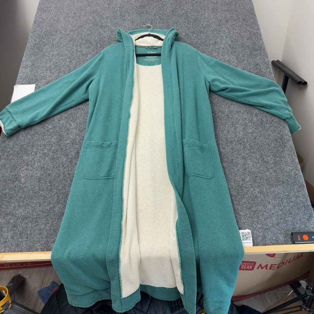 LL Bean Robe Womens M Green Cotton Polyester Hooded Sherpa Lined Gorpcore Cozy